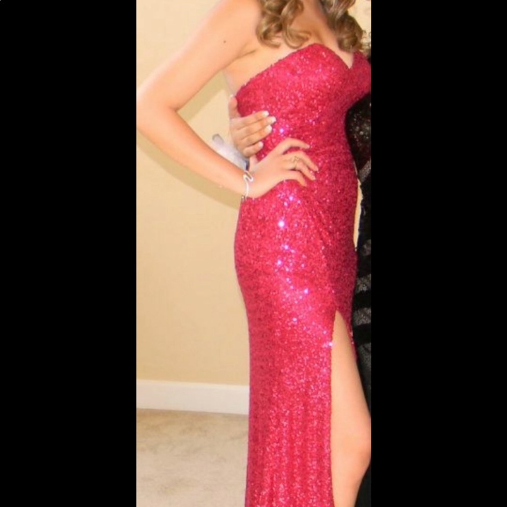 Strapless Pink Sequin Dress with High Slit